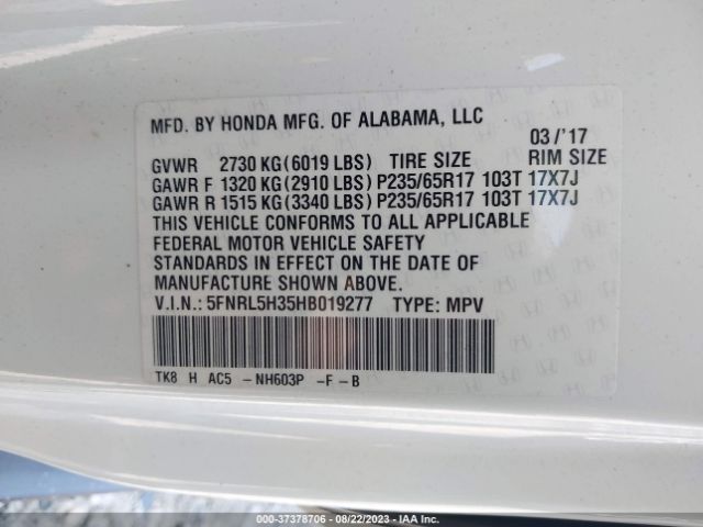 Photo 8 VIN: 5FNRL5H35HB019277 - HONDA ODYSSEY 