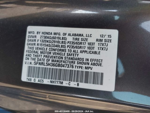 Photo 8 VIN: 5FNRL5H36GB047376 - HONDA ODYSSEY 