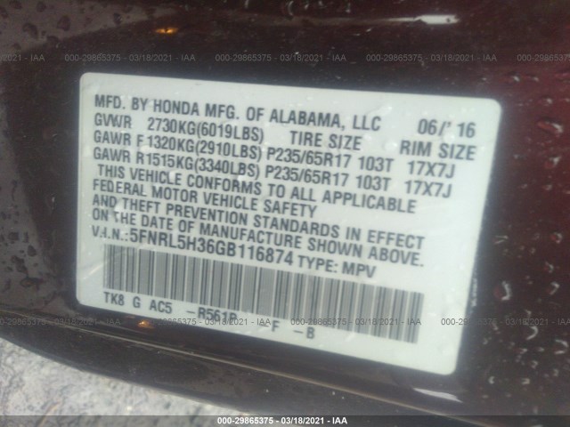 Photo 8 VIN: 5FNRL5H36GB116874 - HONDA ODYSSEY 