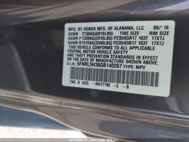 Photo 8 VIN: 5FNRL5H36GB140267 - HONDA ODYSSEY 