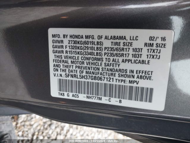 Photo 8 VIN: 5FNRL5H37GB067121 - HONDA ODYSSEY 