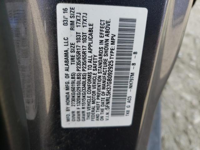 Photo 12 VIN: 5FNRL5H37GB092925 - HONDA ODYSSEY SE 