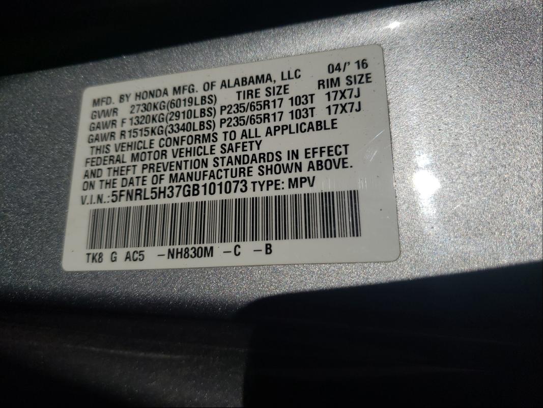 Photo 9 VIN: 5FNRL5H37GB101073 - HONDA ODYSSEY SE 