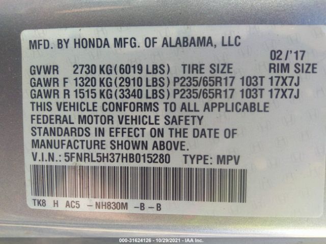 Photo 8 VIN: 5FNRL5H37HB015280 - HONDA ODYSSEY 