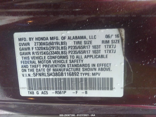 Photo 8 VIN: 5FNRL5H38GB116892 - HONDA ODYSSEY 