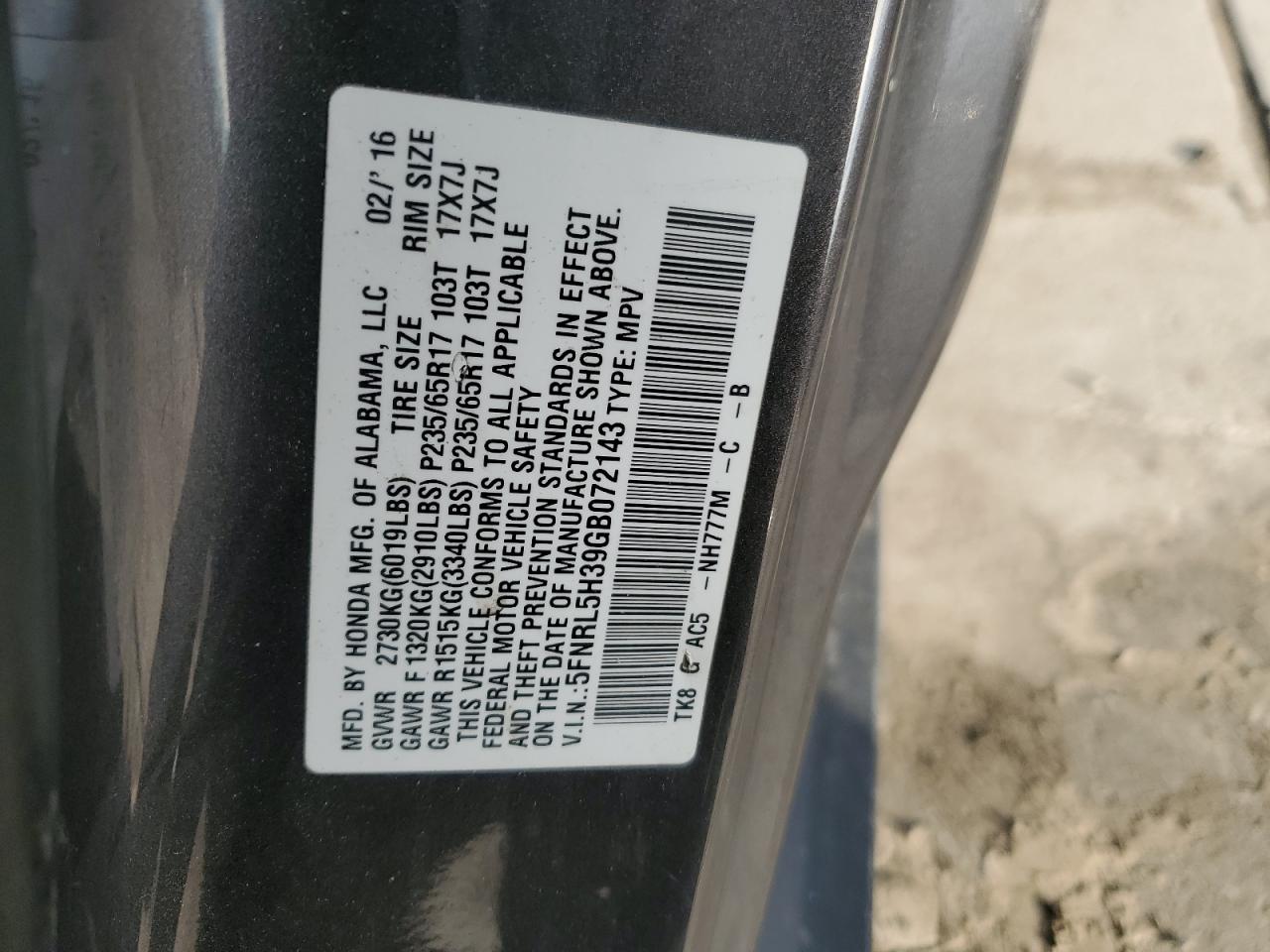 Photo 11 VIN: 5FNRL5H39GB072143 - HONDA ODYSSEY 