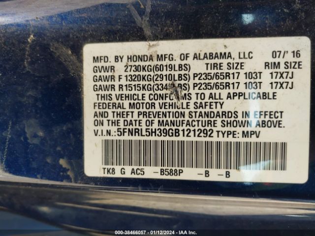 Photo 8 VIN: 5FNRL5H39GB121292 - HONDA ODYSSEY 