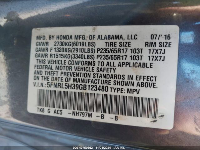 Photo 8 VIN: 5FNRL5H39GB123480 - HONDA ODYSSEY 