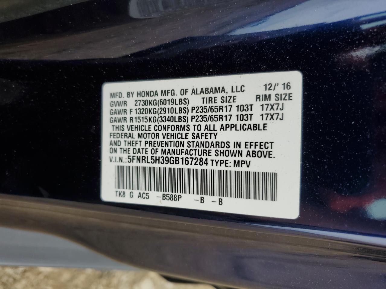 Photo 13 VIN: 5FNRL5H39GB167284 - HONDA ODYSSEY 