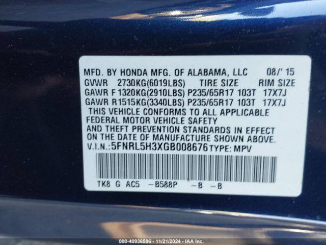 Photo 8 VIN: 5FNRL5H3XGB008676 - HONDA ODYSSEY 