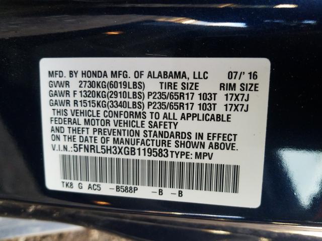 Photo 9 VIN: 5FNRL5H3XGB119583 - HONDA ODYSSEY SE 