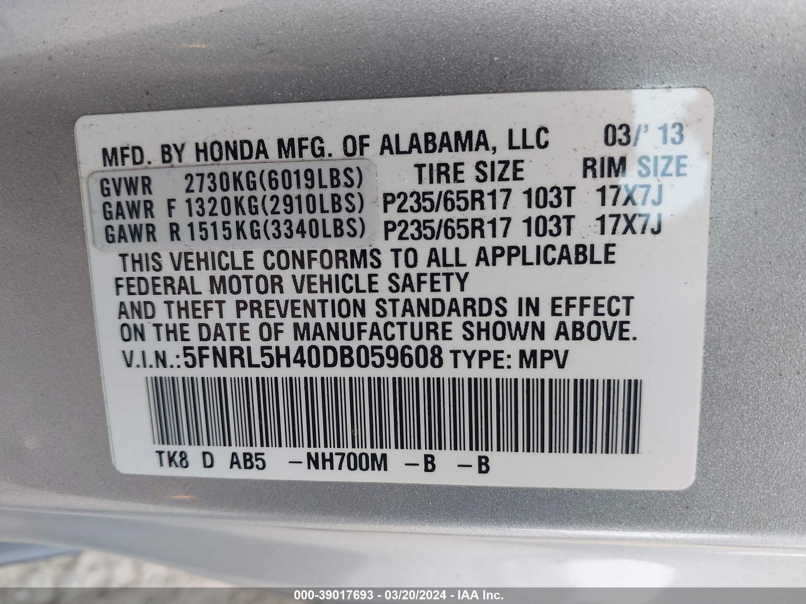 Photo 8 VIN: 5FNRL5H40DB059608 - HONDA ODYSSEY 