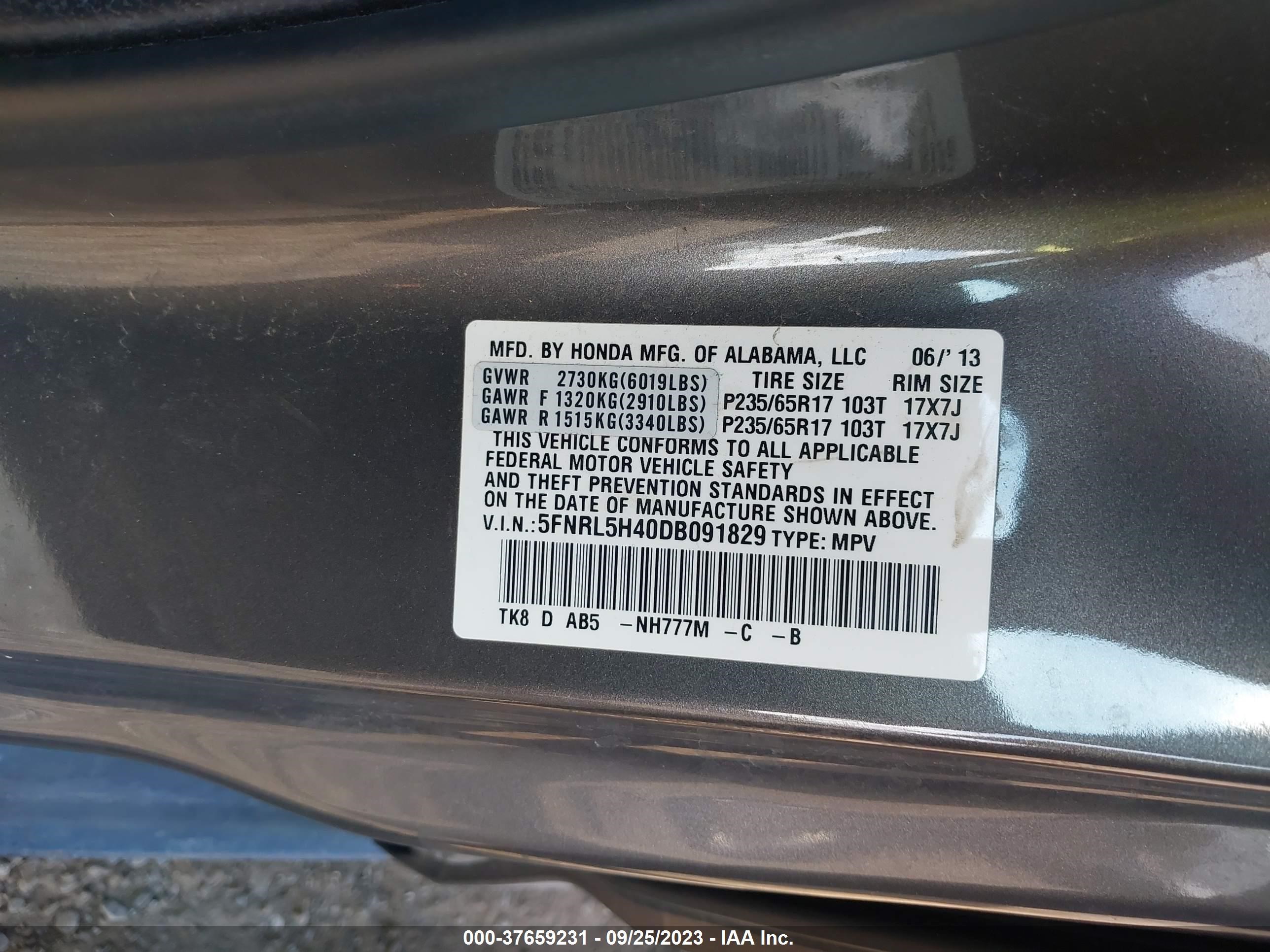 Photo 8 VIN: 5FNRL5H40DB091829 - HONDA ODYSSEY 