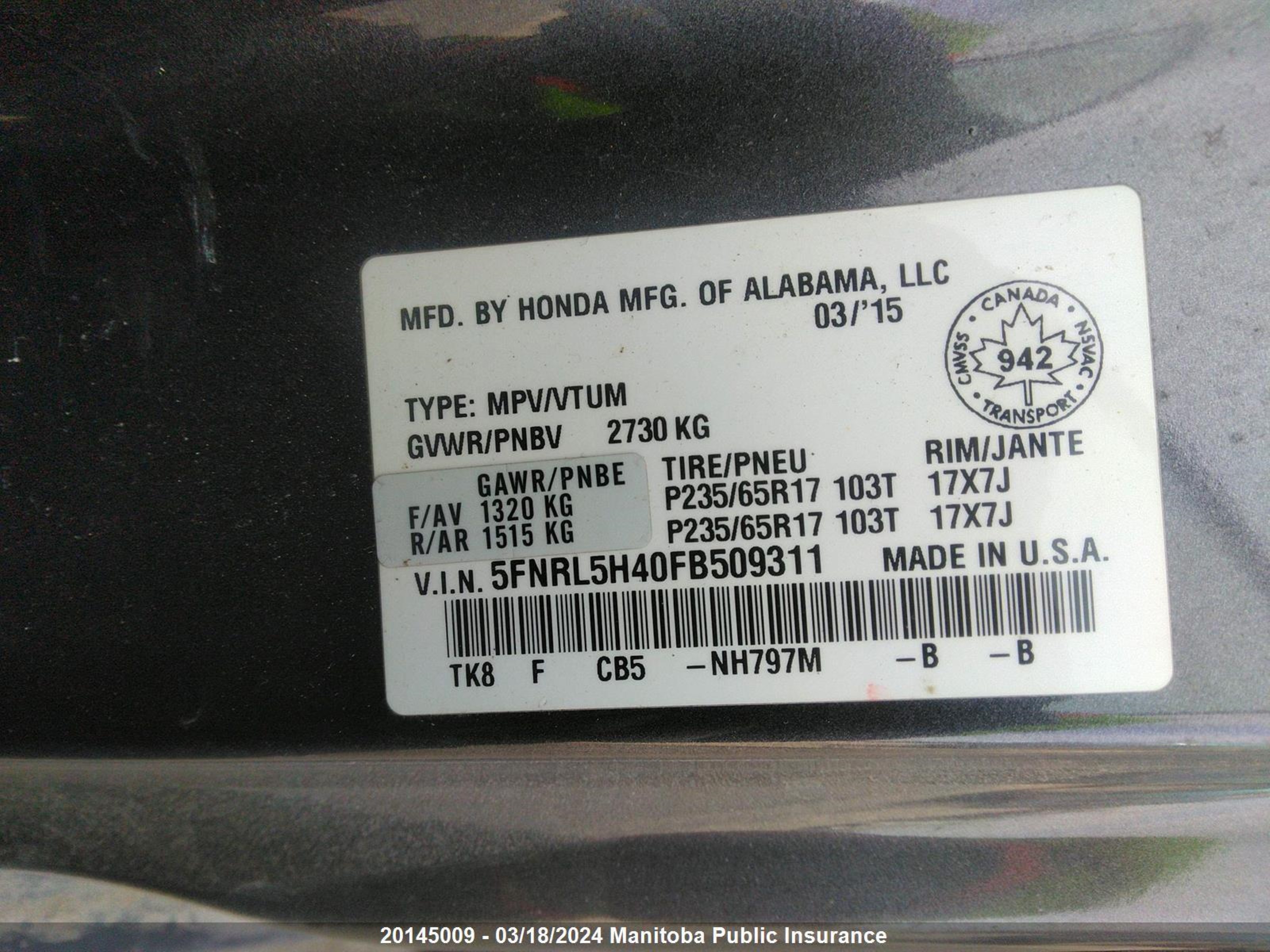 Photo 8 VIN: 5FNRL5H40FB509311 - HONDA ODYSSEY 