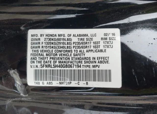 Photo 8 VIN: 5FNRL5H40GB067194 - HONDA ODYSSEY 