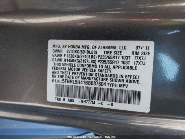 Photo 8 VIN: 5FNRL5H41BB087804 - HONDA ODYSSEY 