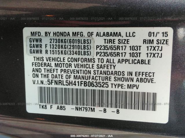 Photo 8 VIN: 5FNRL5H41FB063525 - HONDA ODYSSEY 