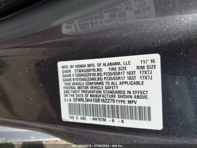 Photo 8 VIN: 5FNRL5H41GB162279 - HONDA ODYSSEY 