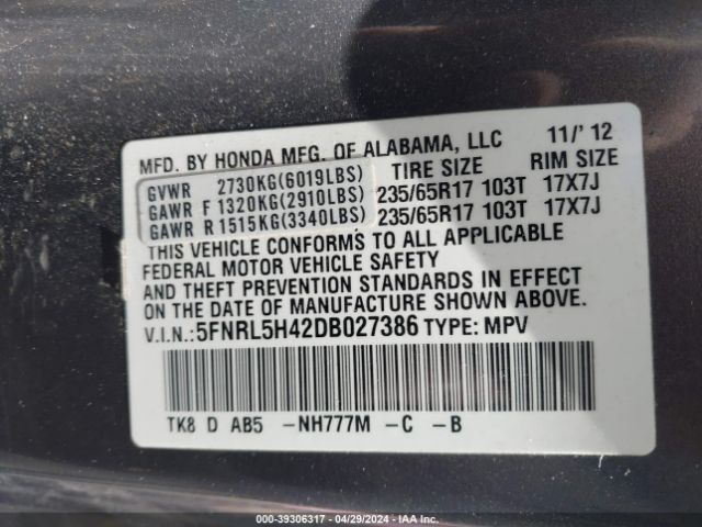 Photo 8 VIN: 5FNRL5H42DB027386 - HONDA ODYSSEY 