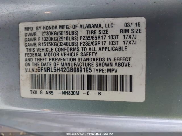 Photo 8 VIN: 5FNRL5H42GB089195 - HONDA ODYSSEY 