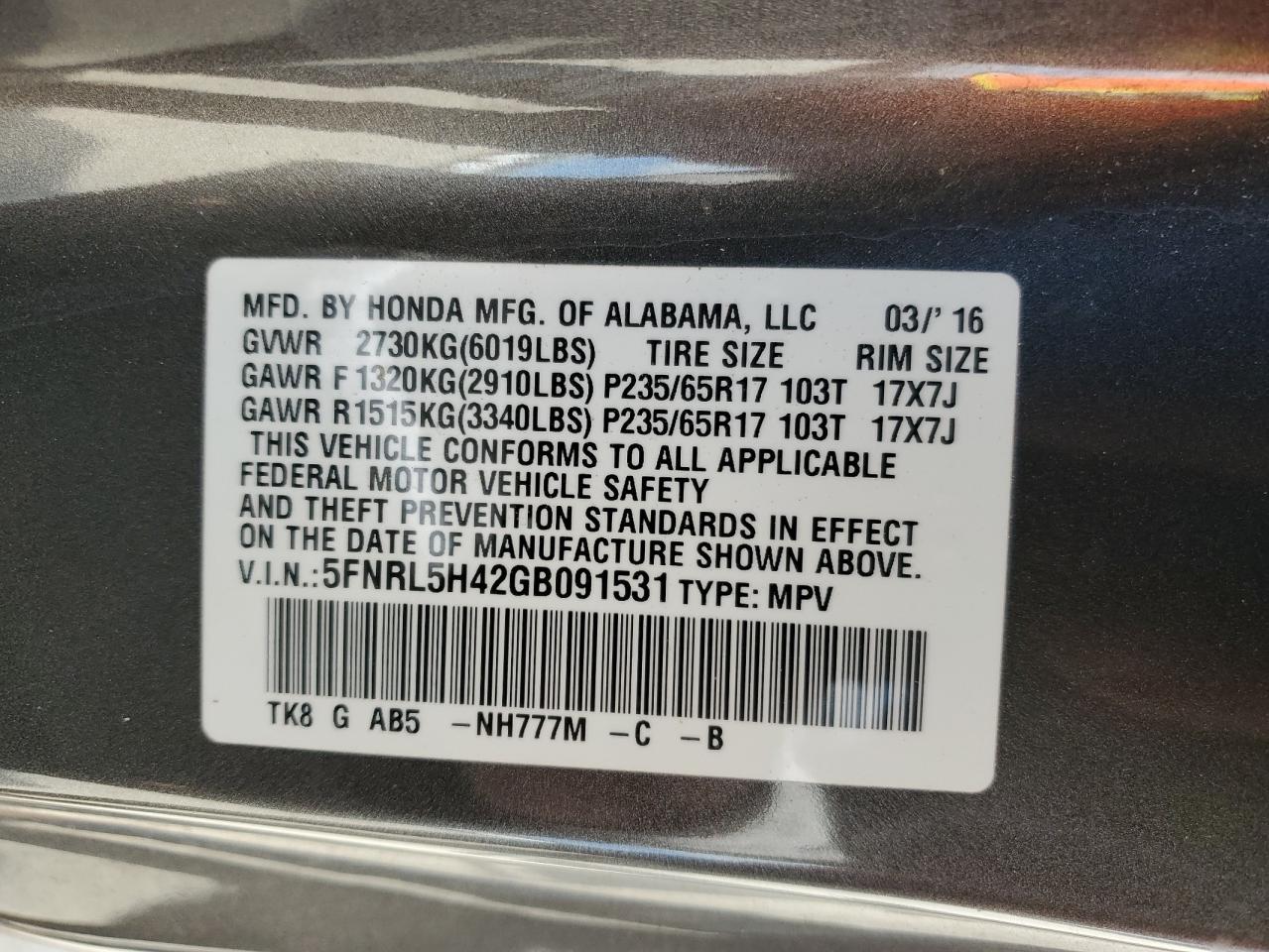 Photo 12 VIN: 5FNRL5H42GB091531 - HONDA ODYSSEY 