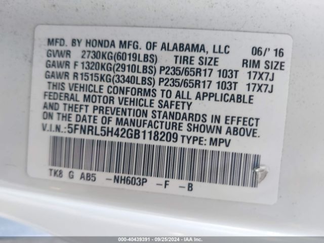 Photo 8 VIN: 5FNRL5H42GB118209 - HONDA ODYSSEY 