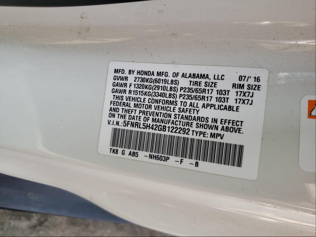 Photo 9 VIN: 5FNRL5H42GB122292 - HONDA ODYSSEY EX 