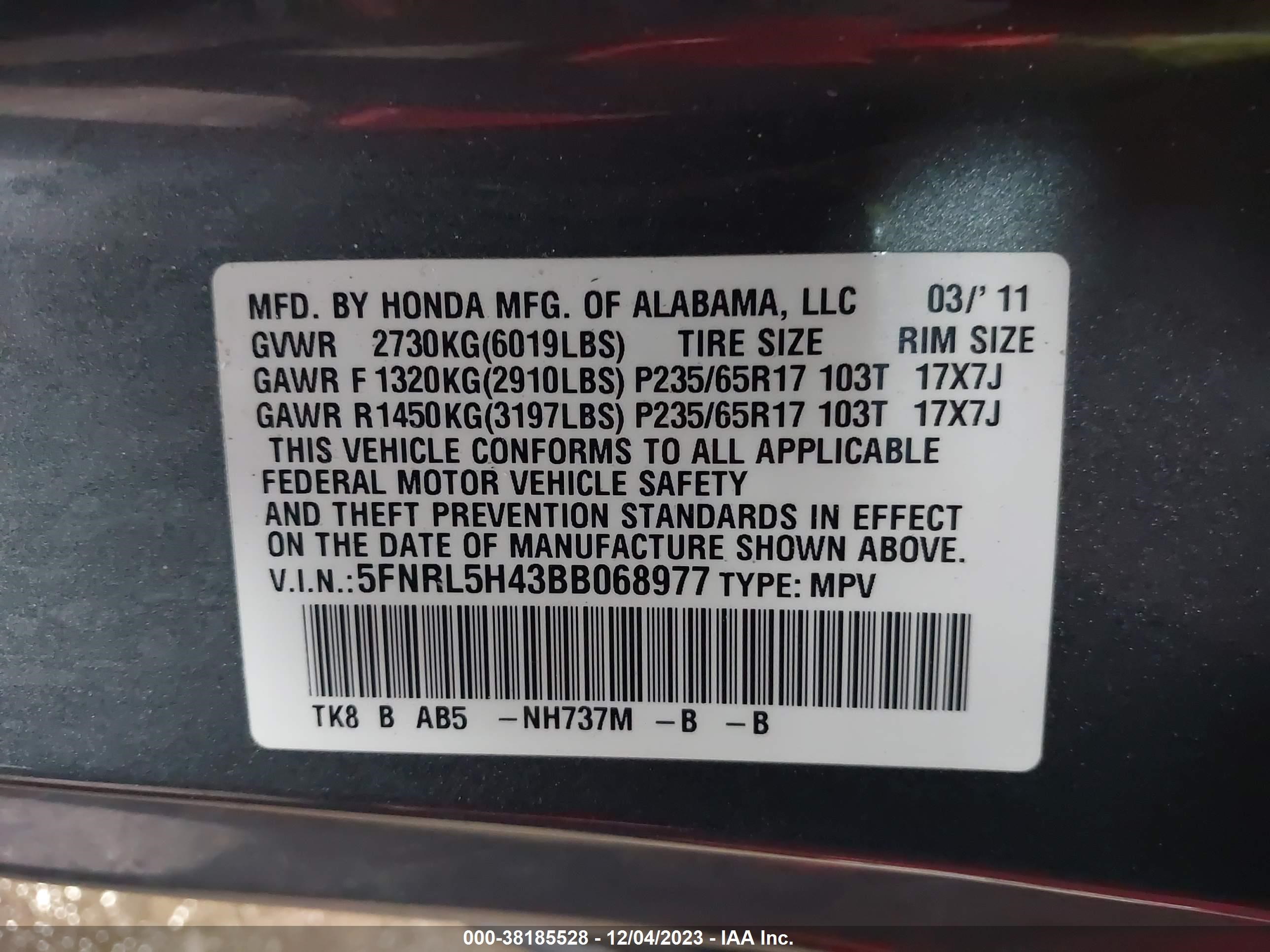 Photo 8 VIN: 5FNRL5H43BB068977 - HONDA ODYSSEY 