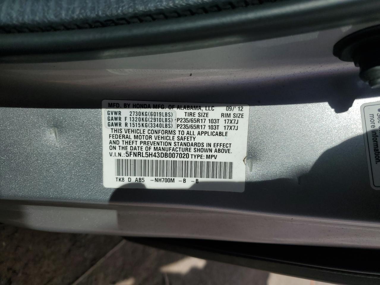 Photo 12 VIN: 5FNRL5H43DB007020 - HONDA ODYSSEY 