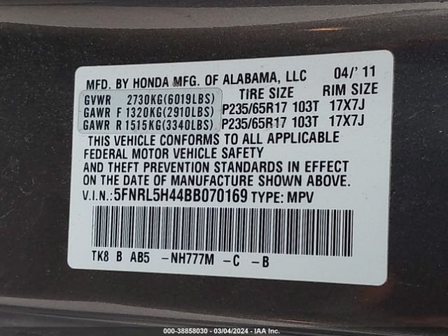 Photo 8 VIN: 5FNRL5H44BB070169 - HONDA ODYSSEY 