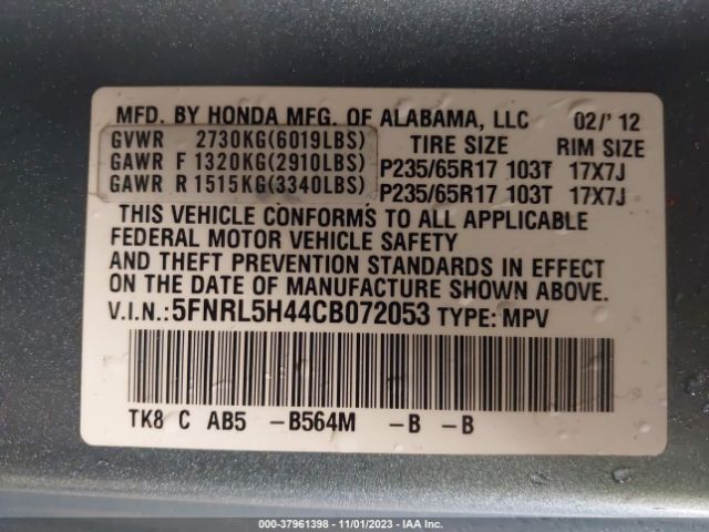 Photo 8 VIN: 5FNRL5H44CB072053 - HONDA ODYSSEY 