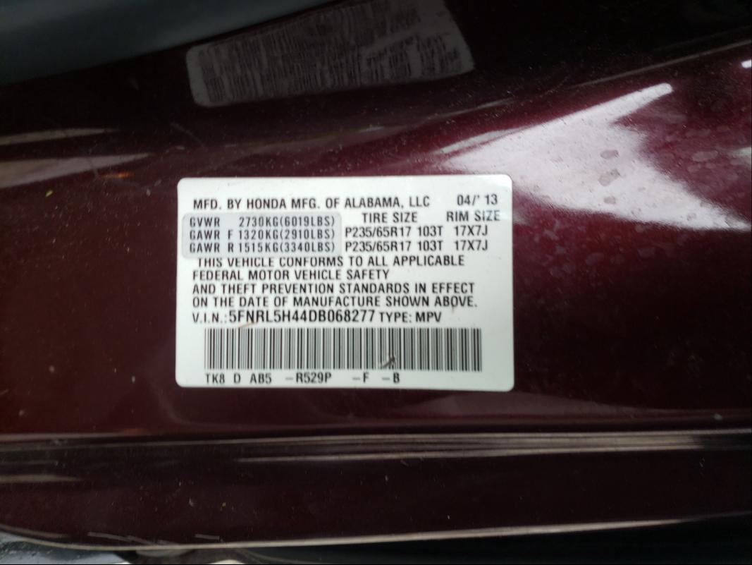 Photo 9 VIN: 5FNRL5H44DB068277 - HONDA ODYSSEY EX 