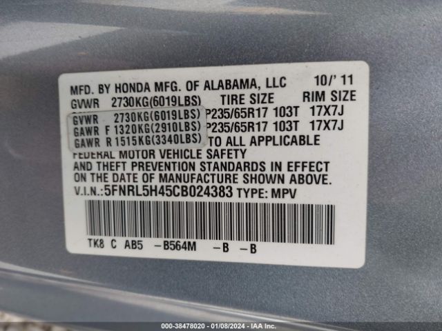 Photo 8 VIN: 5FNRL5H45CB024383 - HONDA ODYSSEY 