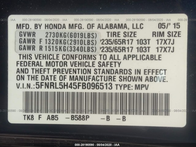 Photo 8 VIN: 5FNRL5H45FB096513 - HONDA ODYSSEY 