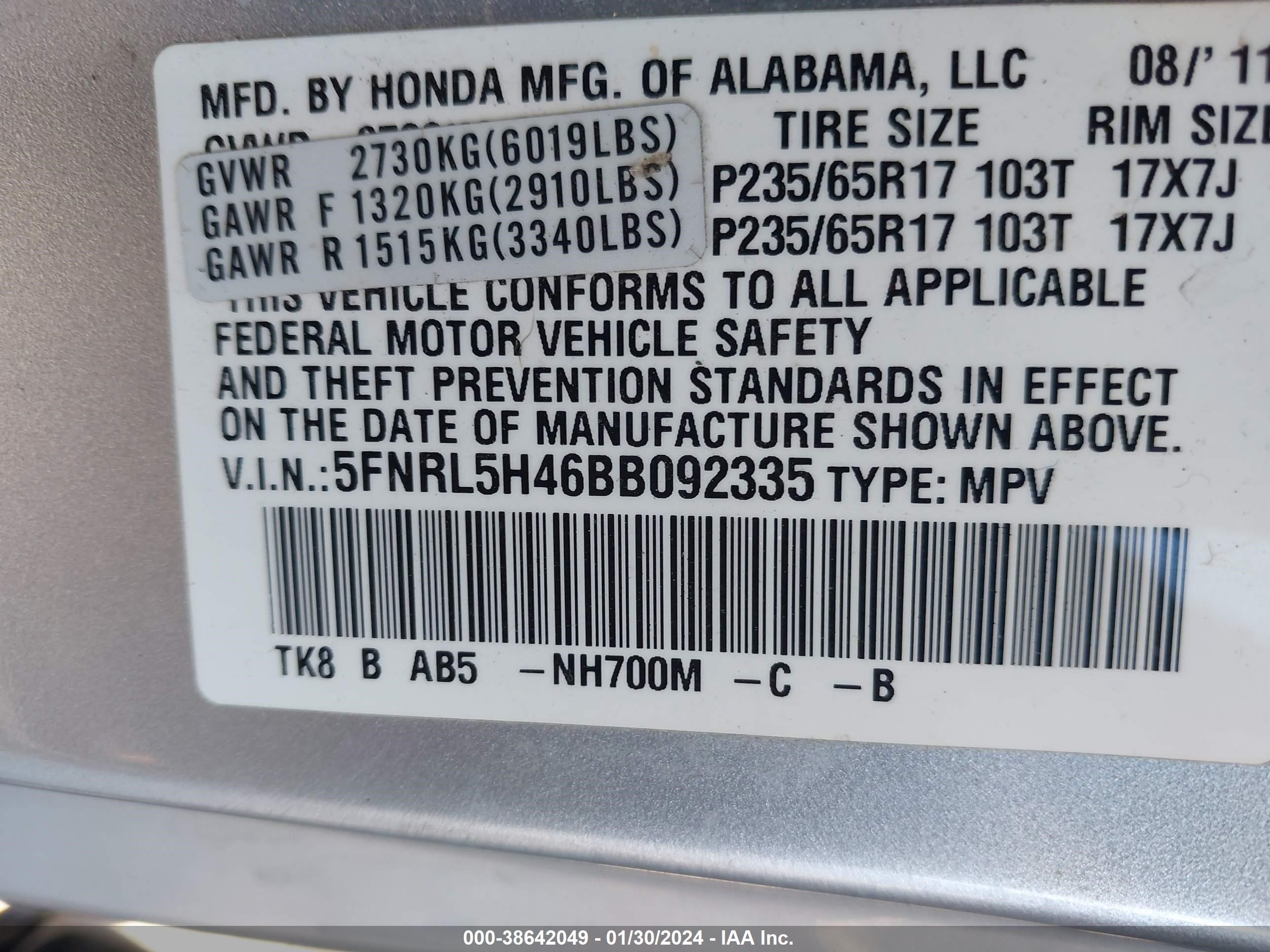 Photo 8 VIN: 5FNRL5H46BB092335 - HONDA ODYSSEY 