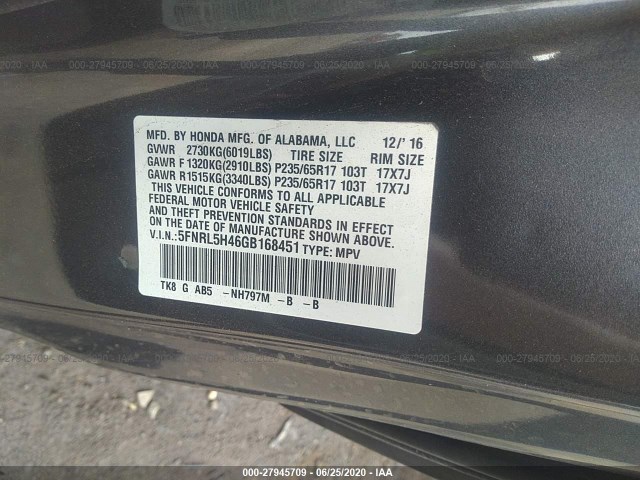 Photo 8 VIN: 5FNRL5H46GB168451 - HONDA ODYSSEY 