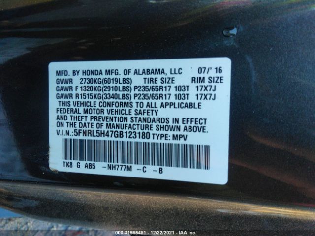 Photo 8 VIN: 5FNRL5H47GB123180 - HONDA ODYSSEY 