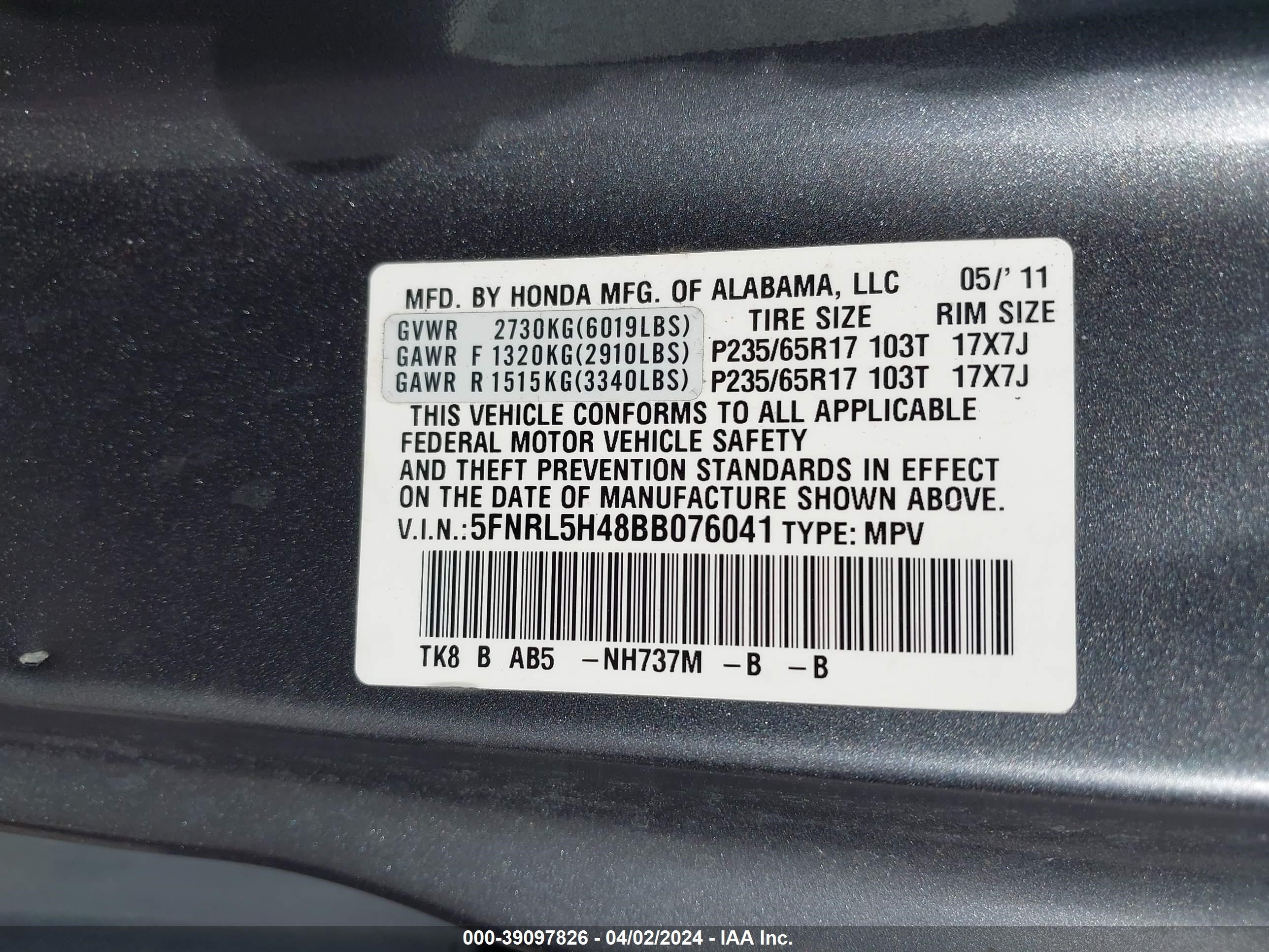 Photo 8 VIN: 5FNRL5H48BB076041 - HONDA ODYSSEY 