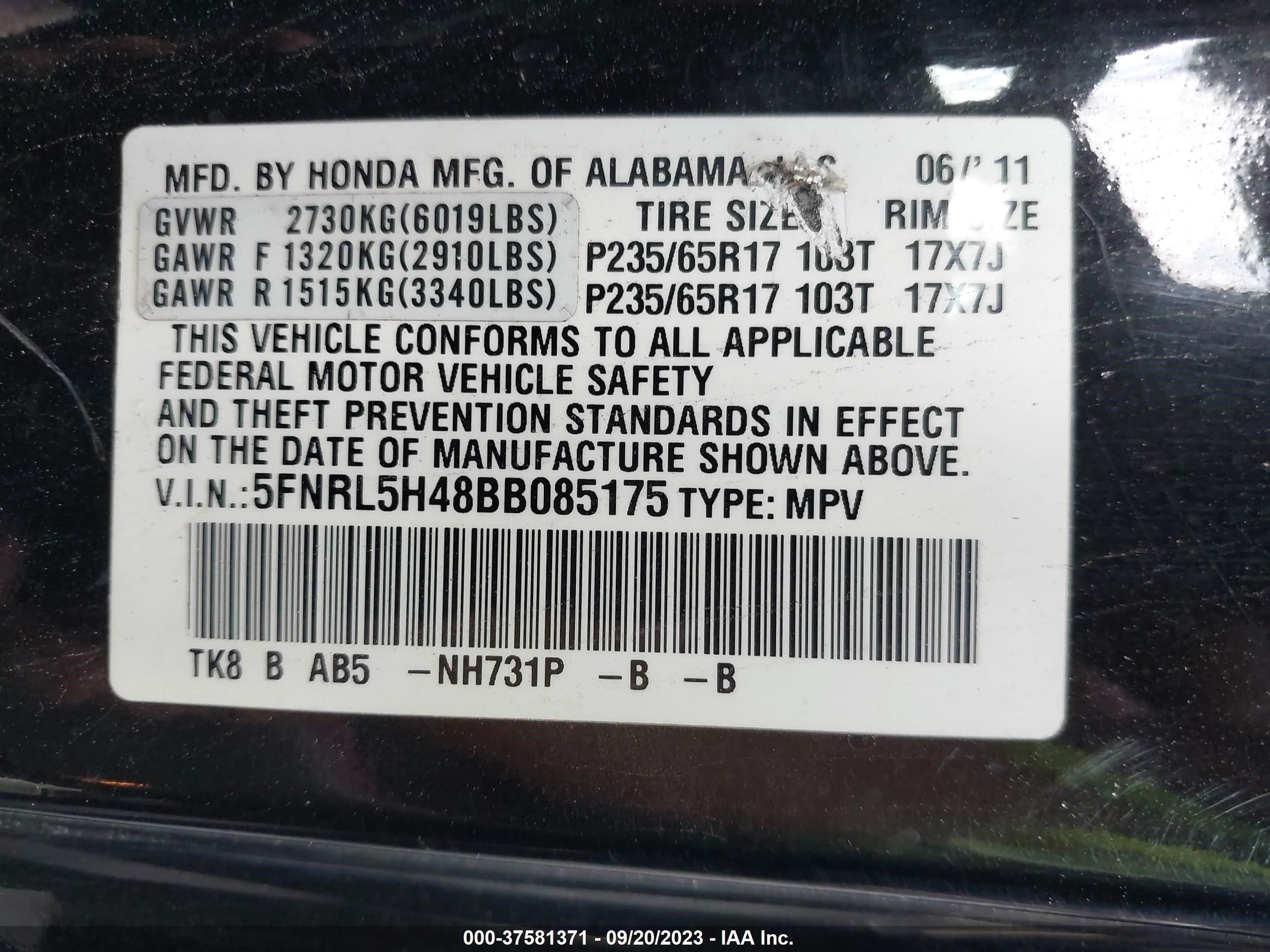 Photo 8 VIN: 5FNRL5H48BB085175 - HONDA ODYSSEY 