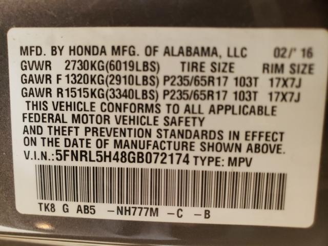 Photo 9 VIN: 5FNRL5H48GB072174 - HONDA ODYSSEY EX 