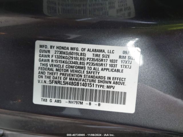 Photo 8 VIN: 5FNRL5H48GB140151 - HONDA ODYSSEY 