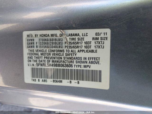 Photo 8 VIN: 5FNRL5H49BB063606 - HONDA ODYSSEY 