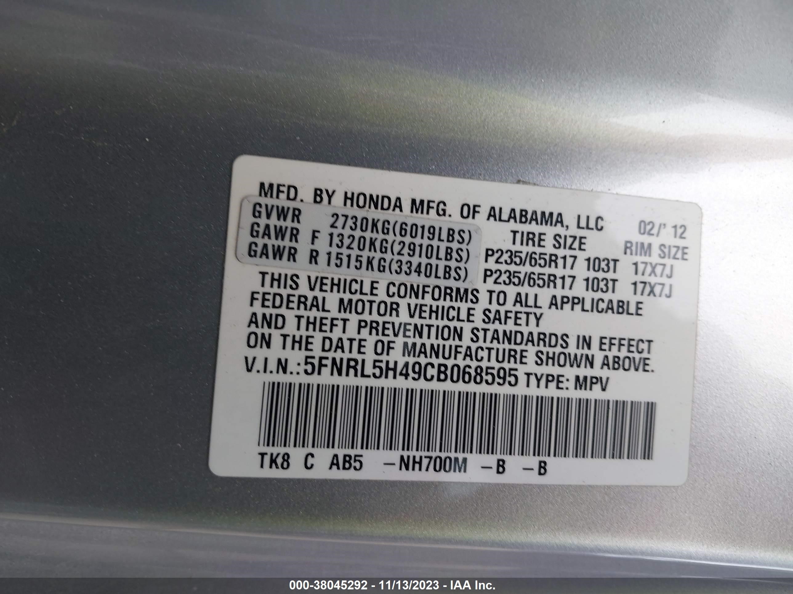 Photo 8 VIN: 5FNRL5H49CB068595 - HONDA ODYSSEY 