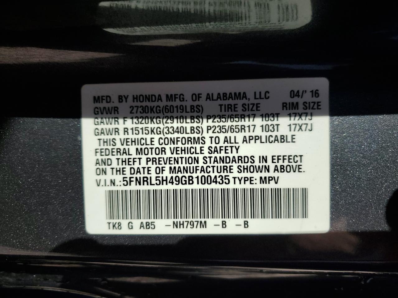 Photo 13 VIN: 5FNRL5H49GB100435 - HONDA ODYSSEY 