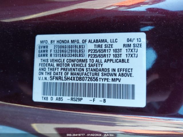 Photo 8 VIN: 5FNRL5H4XDB072656 - HONDA ODYSSEY 