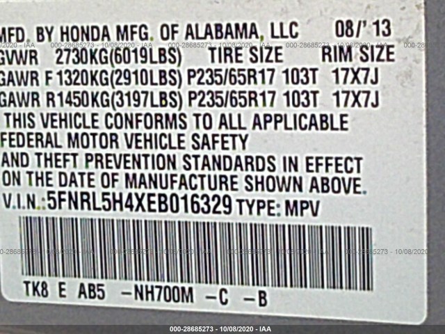 Photo 8 VIN: 5FNRL5H4XEB016329 - HONDA ODYSSEY 