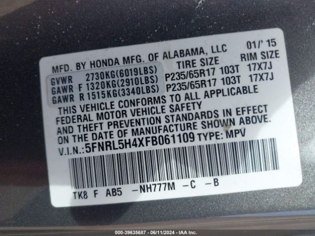 Photo 8 VIN: 5FNRL5H4XFB061109 - HONDA ODYSSEY 