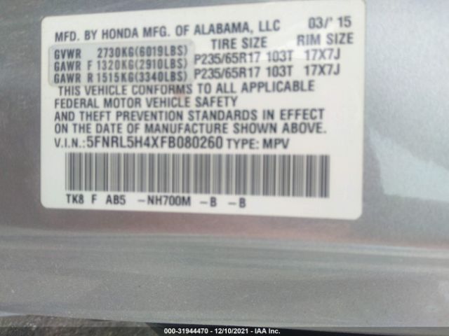 Photo 8 VIN: 5FNRL5H4XFB080260 - HONDA ODYSSEY 