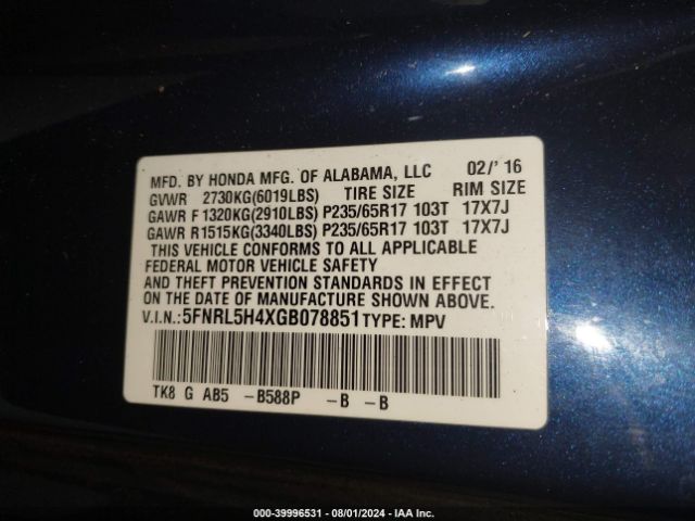 Photo 8 VIN: 5FNRL5H4XGB078851 - HONDA ODYSSEY 