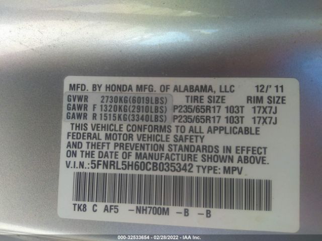 Photo 8 VIN: 5FNRL5H60CB035342 - HONDA ODYSSEY 